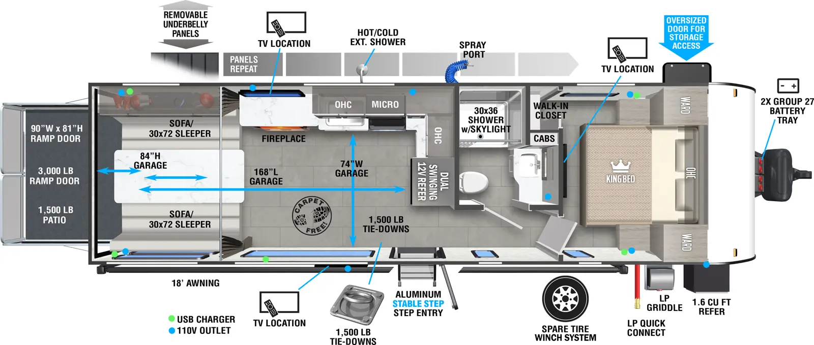 The Wildwood FSX 270RTK floorplan is a toy hauler that has one entry and zero slide outs. Exterior features include: fiberglass exterior, 18' awning and  outside entertainment. Interiors features include: front bedroom.